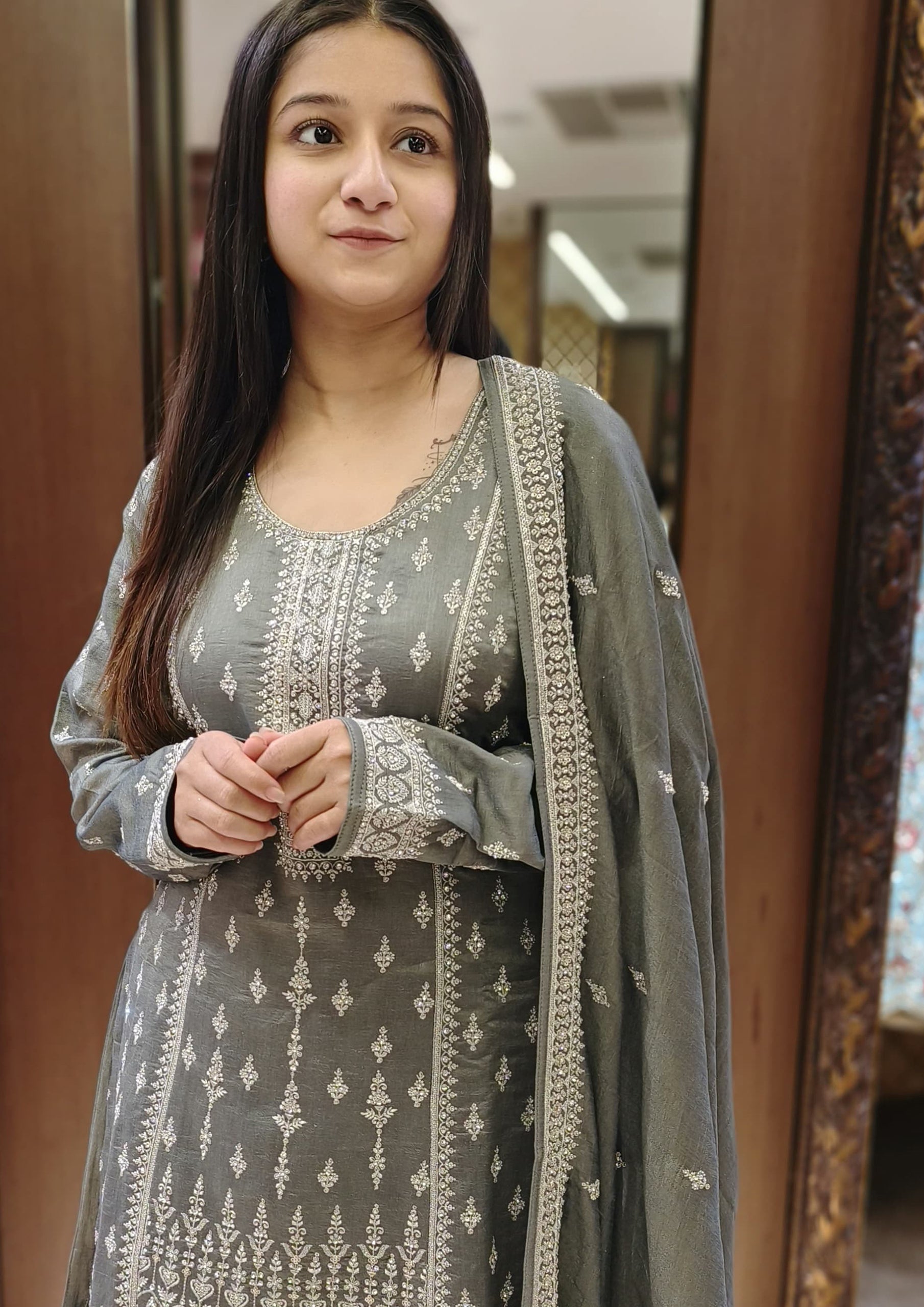 Grey Color Silk Zari Embroidered Work Palazzo Suit